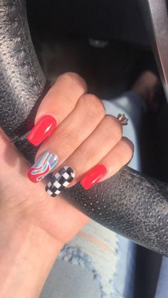 Nascar Nails Designs Racing, Indy 500 Nails, Firefighter Nails, Racing Nails Designs, Supercross Nails, Race Car Nails, Vacation Manicure, Race Nails, Nascar Nails