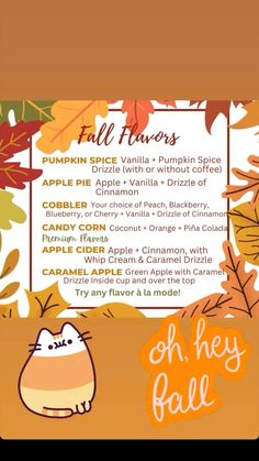 an image of fall flavors menu for pumpkin spice and apple cider, which is also available on the app