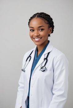 a woman wearing a white lab coat and blue scrubs is smiling at the camera