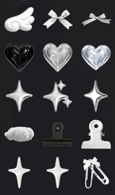 some white and black items are arranged in the shape of hearts, stars, and other shapes