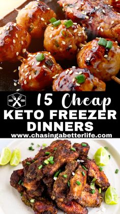 keto - fried chicken is served on skewers with limes and sesame seeds