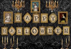 an image of happy halloween with pictures and candles