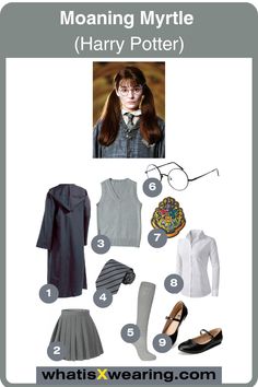 harry potter's outfit is shown with her name on it and the image below