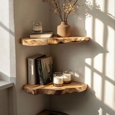 two shelves with books and candles on them