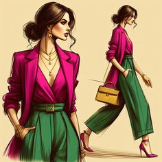 Create a stylish statement this spring by donning a vibrant fuchsia blazer, eye-catching emerald trousers, and faux gold jewelry. This chic ensemble is ideal for fashion lovers who enjoy embracing bold hues and distinctive styles, guaranteeing an unforgettable and refined appearance for any event or occasion. Fuchsia Blazer Outfit, Fashion Illustration Tutorial, Trendy Outfit Ideas, Color Combinations For Clothes, Design Moda, Dress Design Sketches, Fashion Illustration Dresses, Simple Pakistani Dresses