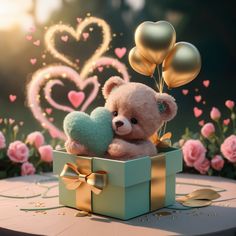 a teddy bear sitting on top of a box with balloons in the shape of hearts