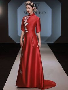 Formal Long Red Cheongsam, Elegant Red Ao Dai For Banquet, Elegant Embroidered Ao Dai With Stand Collar, Elegant Red Ao Dai For Evening, Red Fitted Ao Dai With Stand Collar, Traditional Red Cheongsam For Formal Occasions, Elegant Long Ao Dai For Ceremonial Use, Elegant Long Ao Dai For Ceremonial Occasions, Elegant Long Ao Dai For Ceremonial