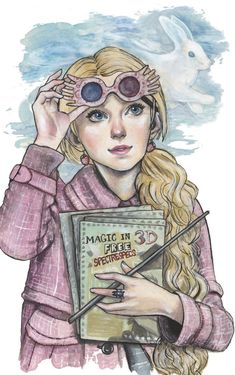 a drawing of a girl holding a book and looking through her glasses with a bird in the background