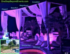 an outdoor event with purple lighting and white drapes