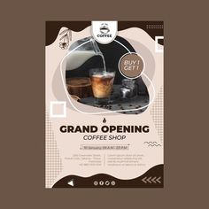 a coffee shop flyer with an image of a glass of liquid and some pastries