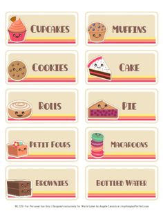 a set of four labels with different types of cakes and desserts on them, all in