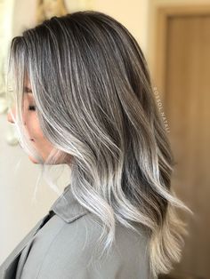 Hairstyles Excellent Grey Hair Ideas Dark Gray Blonde Hair, Blend Grey Roots With Brown Hair, Natural Gray Balayage, Balayage With Grey Roots, Mushroom Gray Hair Color, Gray Bayalage Hair, Silver Hair Highlights Brown Brunettes, Blending Grey Hair With Blonde, Grey Hair Balayage