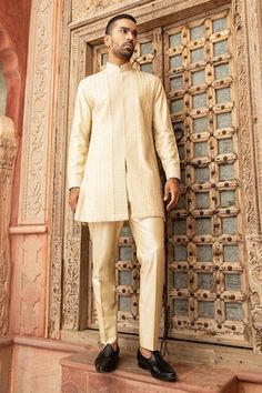 Beige front open kurta with diagonal pintuck lines golden gota lace trim highlights. Comes with coordinated colored pant. - Aza Fashions Elegant Fitted Kurta With Pintucks, Elegant Fitted Sets With Pintucks, Men Kurta, Katan Silk, Colored Pants, Pants Pattern, Pocket Pants, Pant Set, Pin Tucks