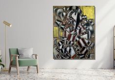 an abstract painting on the wall next to a chair