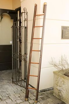 a tall metal ladder leaning against the side of a building next to a potted plant