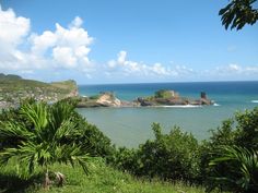 an ocean view from the top of a hill