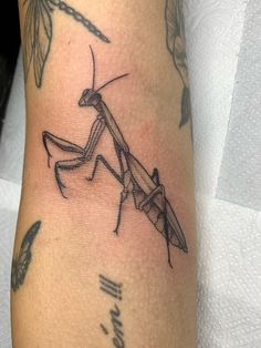 a close up of a person's arm with a tattoo on it that has a praying mantissa