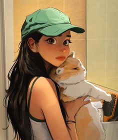 a woman holding a dog in her arms and wearing a green hat on top of her head