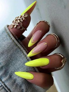 Neon Yellow Almond Nails Designs, Fluro Yellow Nails, Nail Neon Colors, Neon Nails Almond Shape, Neon Tips Acrylic Nails, Orange Creamsicle Nails, Summer Nails Neon Yellow, Almond Neon Nails, Neon Almond Shaped Nails