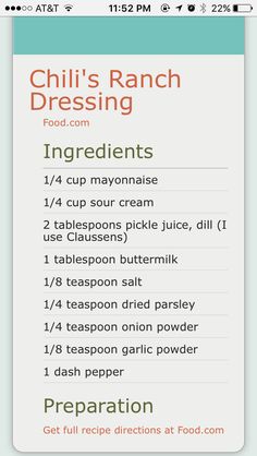 the menu for chili's ranch dressing, including ingredients and instructions to make it