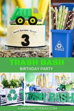 a birthday party with green and white decorations