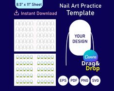 nail art practice templates with the text, your design and drag & drop on it