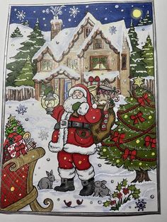 a christmas card with santa claus and his dog in front of a house on a snowy day