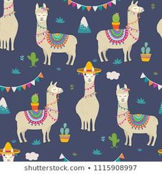 llamas with sombreros and cactuses on a blue background