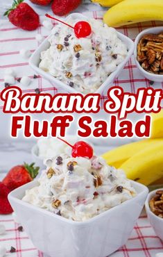 banana split fluff salad with fruit and nuts in small white bowls on a red checkered tablecloth