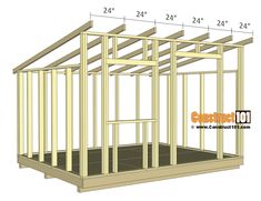 the frame for a shed with measurements to be built into it's roof and side walls