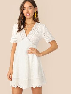 Summer is the time to go for vacations. Revamp your vacation wardrobe with this Plunging Neck Scallop Edge Schiffy Dress from Shein. You can use Shein coupon code 'Sayantiq2' to get 10% off. Valid till 30 June 2019. After 30th June 2019 use code 'Sayantiq3' to get 10% off. Discount valid on purchases of Rs. 2000 and above. Schiffy Dress, Cute Casual Dresses, Lace Summer Dresses, Virtual Wardrobe, Cute Skirt Outfits, Plunging Neck, Scallop Edge, Affordable Dresses, Empire Dress