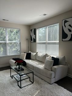 a living room filled with furniture and two windows covered in shades of black and white