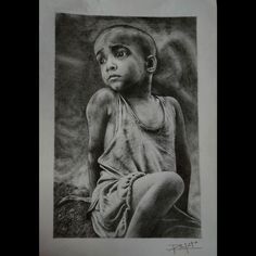 a black and white drawing of a young boy sitting on the ground with his eyes closed