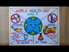 the world health day poster is displayed on a wooden surface with other signs and symbols