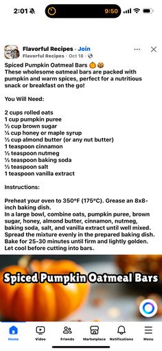 the menu for spiced pumpkin oatmeal bars