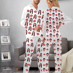 ❤ Type: Face Custom Pajama Sets, Red Lips Pattern Custom Pajamas, Photo Custom Couple's Pajama as Christmas Gifts, Face custom pajama sets, Pajama party custom clothing, Autumn and winter pajamas. This couples pajama set features a classic lapel design that will never go out of style. The long sleeves and button design are easy to put on and take off and fit most people's body shapes.  💕Sweet Gifts for your Intimate Lover: Our pajama sets come in different designs, and you can also choose to add your own custom photo or custom name to the pajamas. This would be a perfect anniversary gift for him/her. 🛒How To Order:  1. Choose the color and design of pajama set you like, add to the cart and pay it. 2. Leave the text you want to print on the personalized inbox. 3. Send me your pictures in Custom Couples Pajamas, Custom Pajamas, Pattern Pajamas, Funny Anniversary Gifts, Lapel Design, Funny Anniversary, Type Face, Couple Pajamas, Adult Pajamas