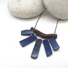 Tribal Lapis Necklace Gemstone Pendant Driftwood Necklace Adjustable Blue Nature-inspired Necklace, Blue Adjustable Nature-inspired Necklace, Blue Rustic Necklace For Gifts, Rustic Blue Necklace For Gifts, Rustic Blue Necklace For Gift, Blue Handmade Rustic Necklace, Rustic Handmade Blue Necklace, Rustic Blue Handmade Necklace, Stone Crochet