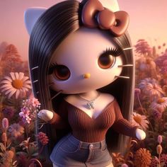 a cartoon character with long black hair and big eyes standing in a field of flowers