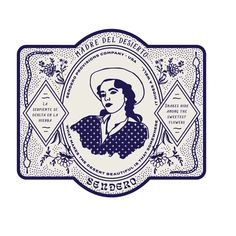 a blue and white label with an image of a woman in a hat on it