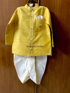 Tussar blend cotton kurta and dhoti made of pure handloom with kurta matching fabric piping . Anchor Threads, Men Kurta, Baby Boy Clothing Sets, Potli Bags, Cotton Kurta, Clothing Sets, Unique Baby, Kurta Set, Pure Silk Sarees