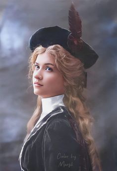 a painting of a woman with long blonde hair wearing a black hat and dress coat