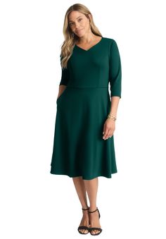 Meet the new sweetheart of your workwear rotation—the fit and flare dress. This versatile piece transitions seamlessly from desk to dinner on any day of the week. Simply swap your blazer for a stylish shawl as you head to your dinner date.  Sweetheart necklineA-line silhouette3/4 sleeveWaist seamSide pockets44" lengthPolyester/rayonMachine washableImported | Plus Size Women's SWEETHEART NECKLINE PONTE DRESS by Jessica London in Emerald Green (Size 18 W) Wear To Work Dress, Ponte Dress, Dinner Date, Sweater Dress Midi, Ladies Of London, Day Of The Week, Formal Evening Dresses, Ruched Dress, Dress Suits