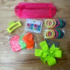 All Items In This Bundle Are Brand New, Never Used!! Includes: 1 Neon Pink Translucent Pencil/Makeup Bag 1 Neon Yellow Rectangle Claw Clip 1 Pack Of 3 Neon Colored Scrunchies 1 Pack Of Multicolored Butterfly Mini Claw Clips 2 Packs Of Neon Coil Rubber Bands 1 Neon Green Bow Barrette Clip We Are Always Accepting Offers! La Mini Claw Clips, Bow Barrette, Green Bows, Claw Clips, Kids Hair Accessories, Neon Color, Barrette Clip, Girls Hair Accessories, Rubber Bands