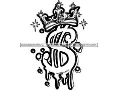 a black and white drawing of a dollar sign with a crown on top