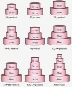 a large number of pink cakes with numbers on each tier and the same cake in different sizes