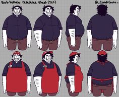 various poses for the character bob webbs, from left to right and in red aprons