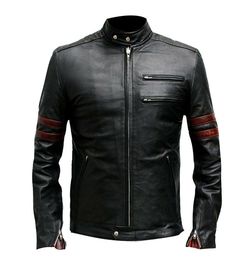 The Fight Club Hybrid Mayhem Men's Biker Leather Jacket is the perfect combination of style and function. Made from premium black leather, this slim fit jacket features bold red stripes that make a statement. The hybrid design is inspired by the iconic style of the Fight Club, making it a must-have for any fan. Whether you're cruising on your motorcycle or simply looking for a stylish outer layer, this jacket is sure to turn heads. So why wait? Get ready to cause a little Mayhem with the Fight Club Hybrid Mayhem Men's Biker Leather Jacket! Made from pure genuine leather of excellent quality Black color 100% full-grain Napa lambskin leather Navy Italian satin lining for a luxurious feel Two outer zip pockets for convenient storage Internal phone pocket for added security Silver custom titan Striped Leather Jacket, Mens Outdoor Wear, Jacket Men Style, Winter Jackets For Men, Best Winter Jackets, Black Leather Jacket Men, Leather Jacket Men Style, Leather Jackets For Men, Biker Leather Jacket