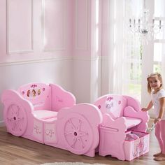 Give your little princess a royal retreat at bedtime with this Disney Princess Carriage toddler-to-twin bed frame. Â© DisneyFind the right mattress for baby's crib. Shop Now. Easily transforms from toddler to twin using the included conversion kitToddler version holds standard crib mattress (not included) & twin version accommodates standard twin mattress (not included)Box spring & optional bunky board not includedRemovable storage benchDisney Princess easy-to-apply stickersRhinestone ac Princess Beds For Toddlers, Disney Princess Toddler Bedding, Princess Beds With Slides, Childrens Castle Bed, Princess Slide Bed, Princess Castle Bunk Beds, Toddler Fairy Bed, Princess Castle Bunk Bed With Slide, Castle Bed Kids