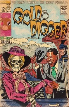 an old comic book cover with a woman in a pink dress and a skeleton wearing a hat