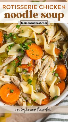 chicken noodle soup with carrots and parsley in a white bowl